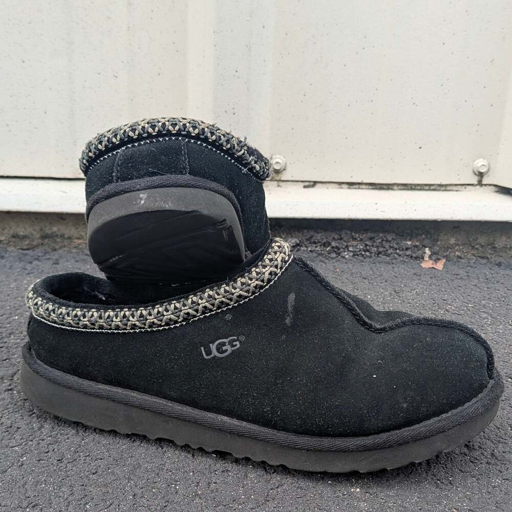 UGG Tasman Black Suede Slippers with Embroidered Collar